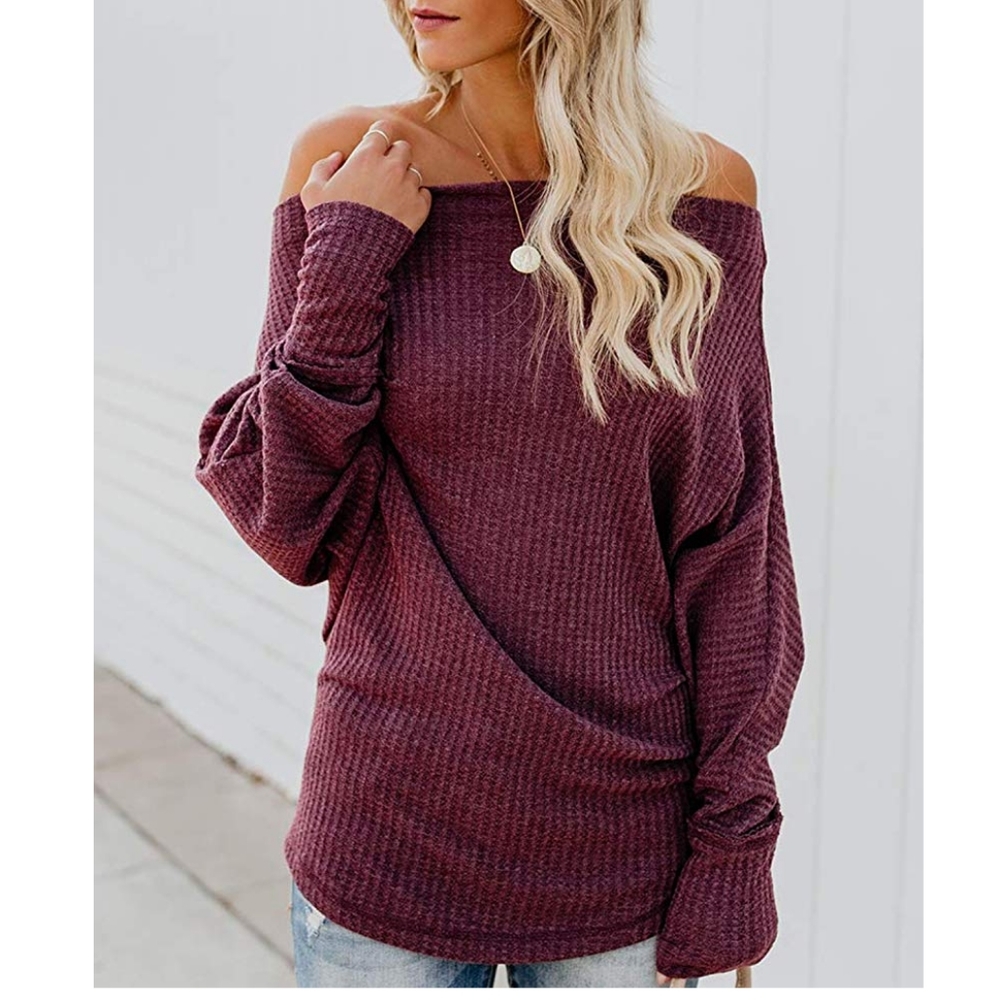 New Slouchy Off shoulder Waffle Knit Sweater Top - Picture 4 of 8